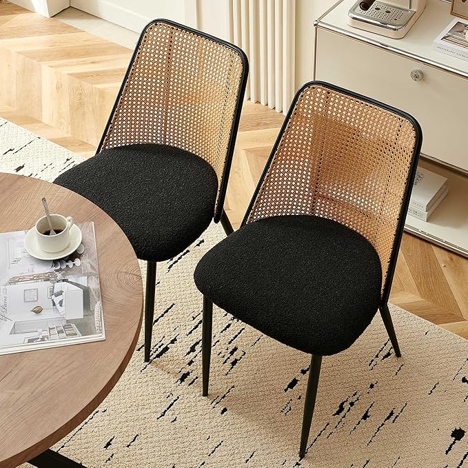 Modern Rattan Dining Chairs Black Set of 4, Upholstered Dining Room Chairs Boucle Woven Cane Kitchen Dining Accent Chairs for Reception Rooms, Restaurant
