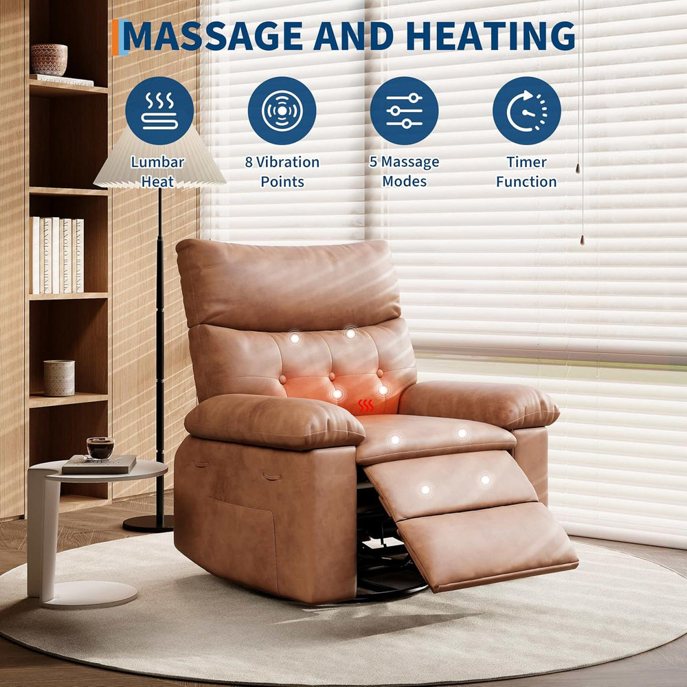 GarveeHome Leather Recliner Chair - Heat and Massage, Swivel Rocker Manual Re...