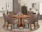 F7FO7-50N-18 - 7-Piece Dining Room Set Contains A Kitchen Table and 6 Brown Polyester Fabric Parsons Chairs with Button Tufted Back, Antique Walnut