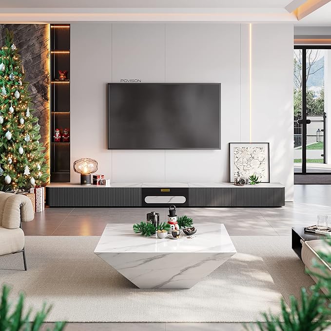 POVISON Fully-Assembled Modern TV Stand for Projector, Sintered Stone Entertainment Center with Storage for 85 inch TV, Wood TV Console, Media Console for Living Room Bedroom
