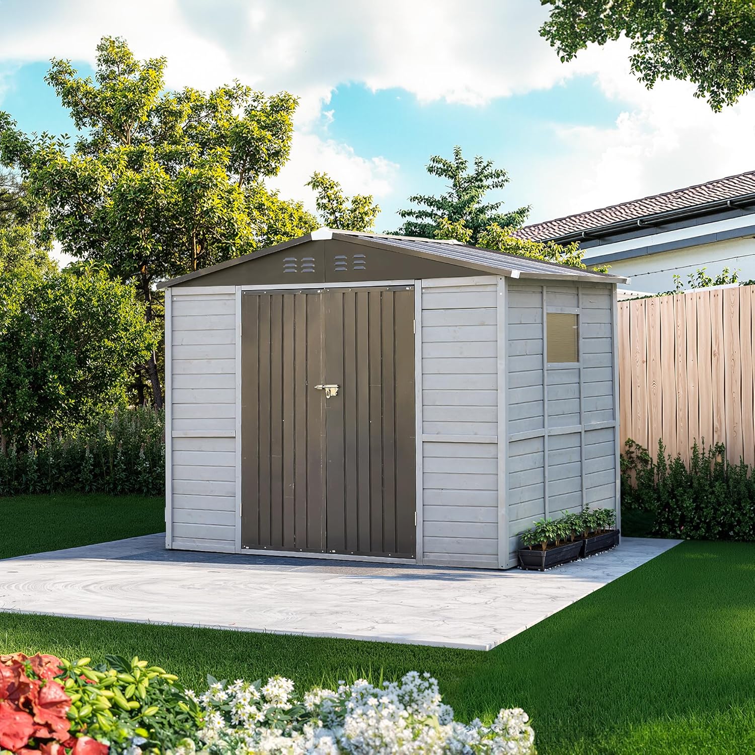6x4 FT Outdoor Weatherproof Storage Shed, Secure Wood Bike Shed w/Lockable Entry, Garden Storage Solution for Lawn Equipment, Tools, Waste Bin(Gray)