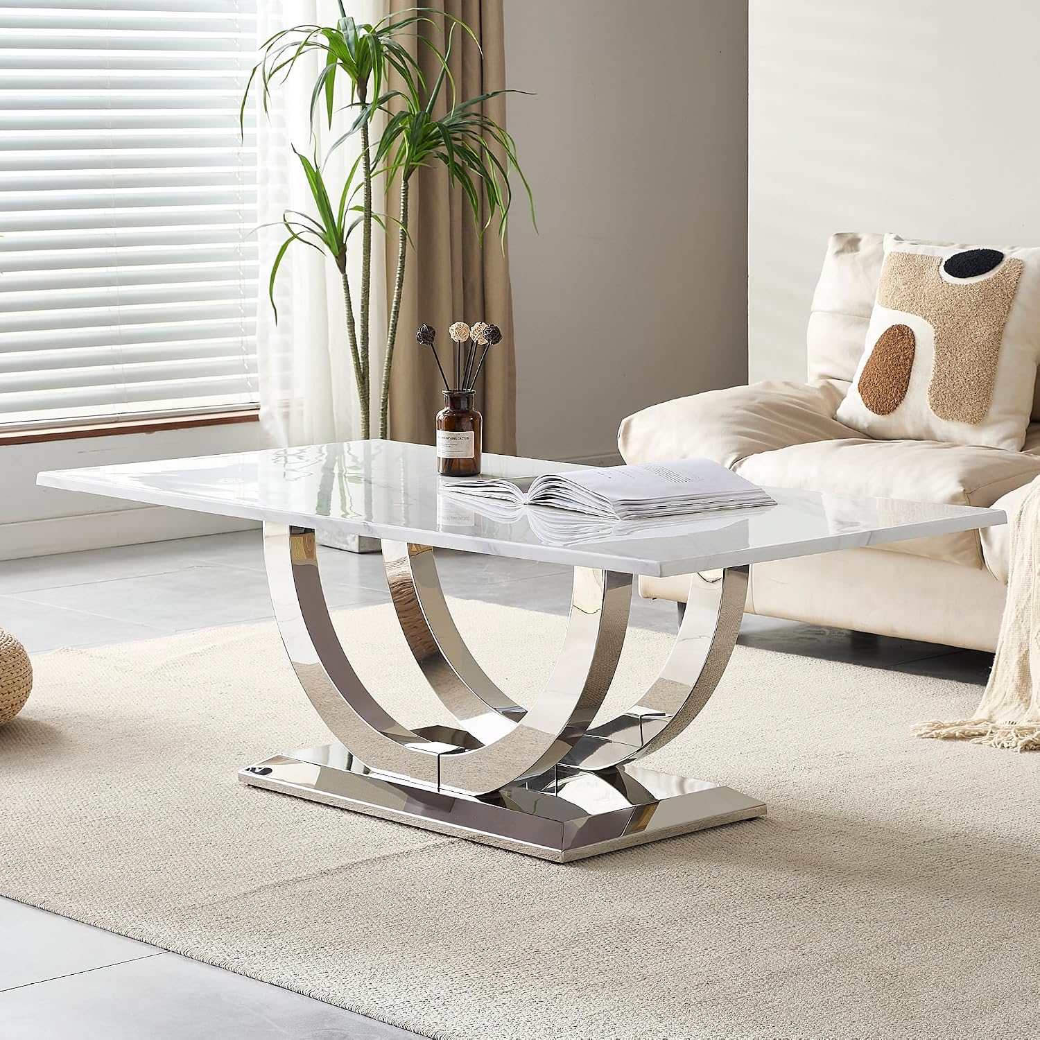 Henf Modern 50" Coffee Table White Faux Marble Center Table with Silver Mirrored Stainless Steel Base, Luxury Accent Sofa Table for Living Room Apartment (White & Silver)