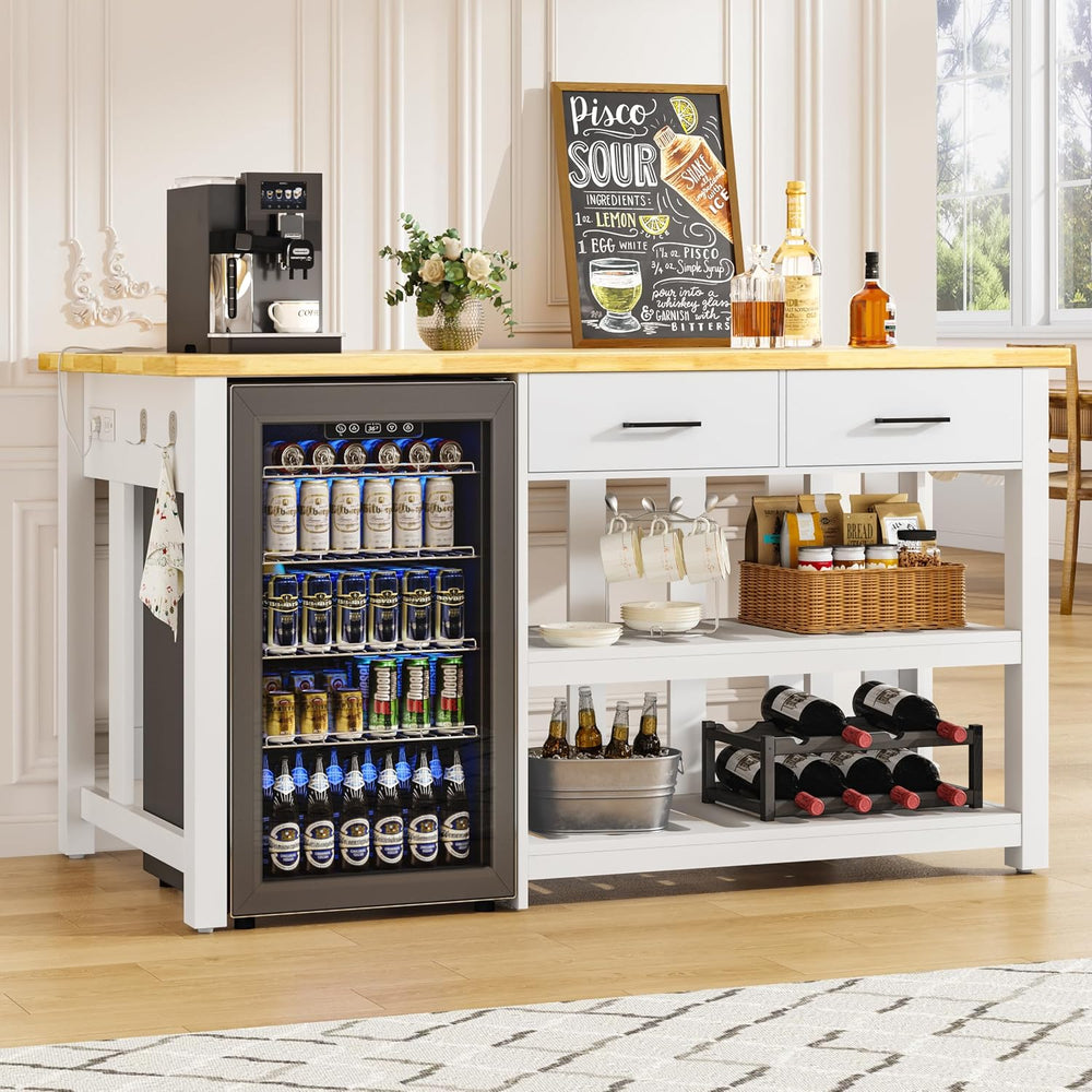DynJest 60" Kitchen Island with Storage and Seating, Drawers, Hooks, Whi...