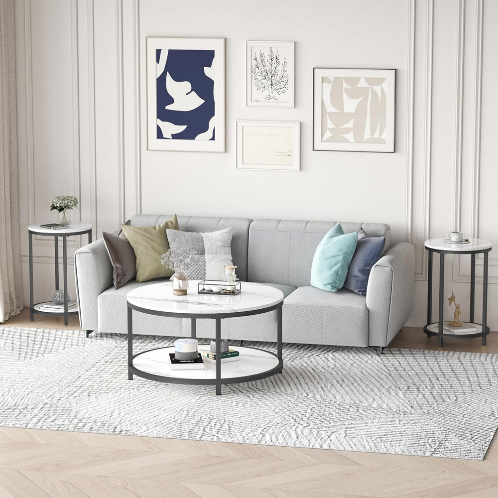 WiberWi Round Side Table Set of 2, Modern Nightstand End Table with Metal Fra...