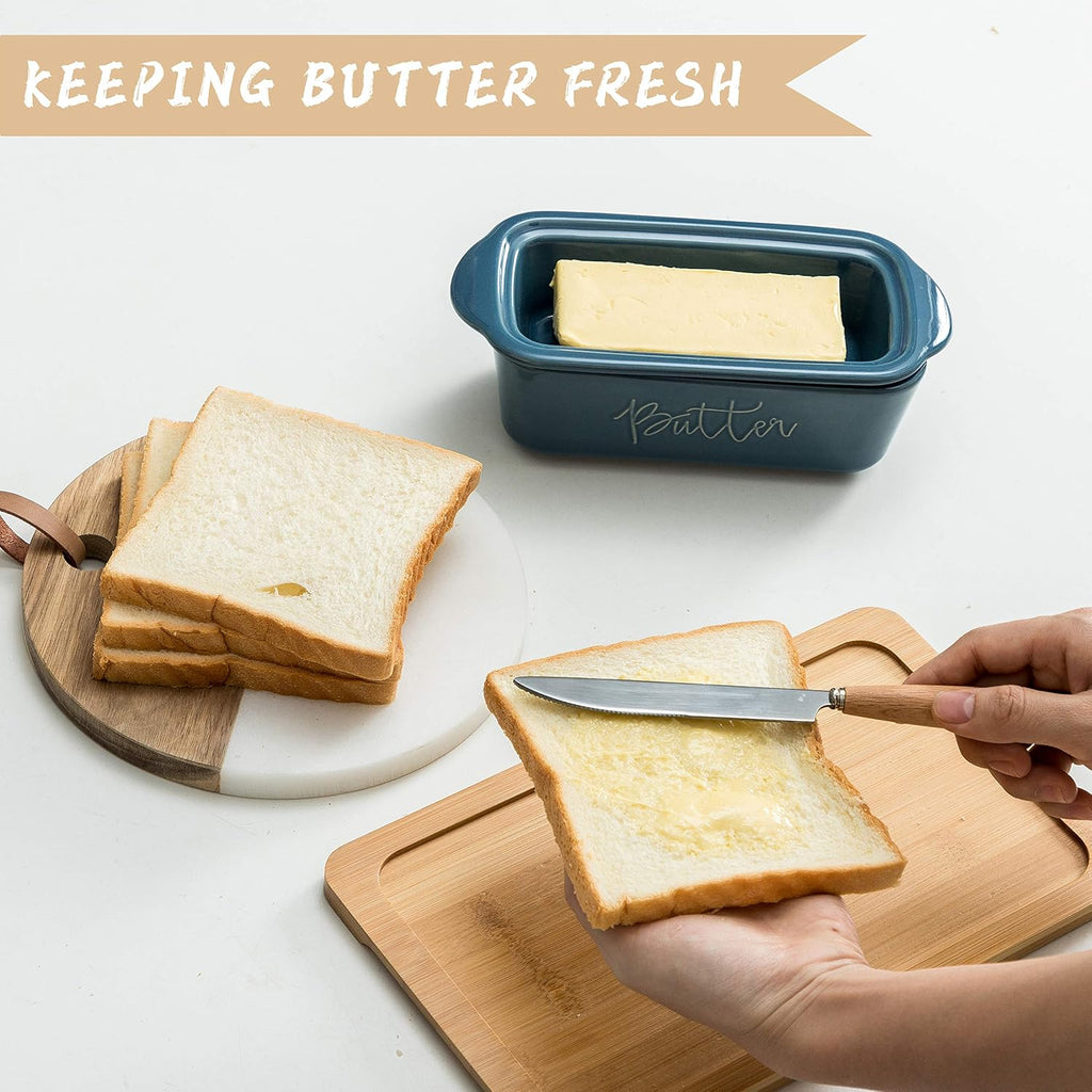 FE Butter Dish, 10 oz Ceramic Butter Keeper with Water Line, French Butter Dish with Lid for Countertop (Blue)