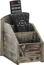 MyGift Rustic Torched Wood Remote Control Holder for Table with 3 Compartments, Living Room TV Media Organizer