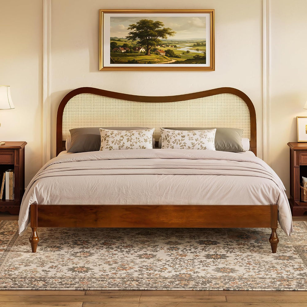 King Size Boho Platform Bed Frame with Curved Rattan Headboard