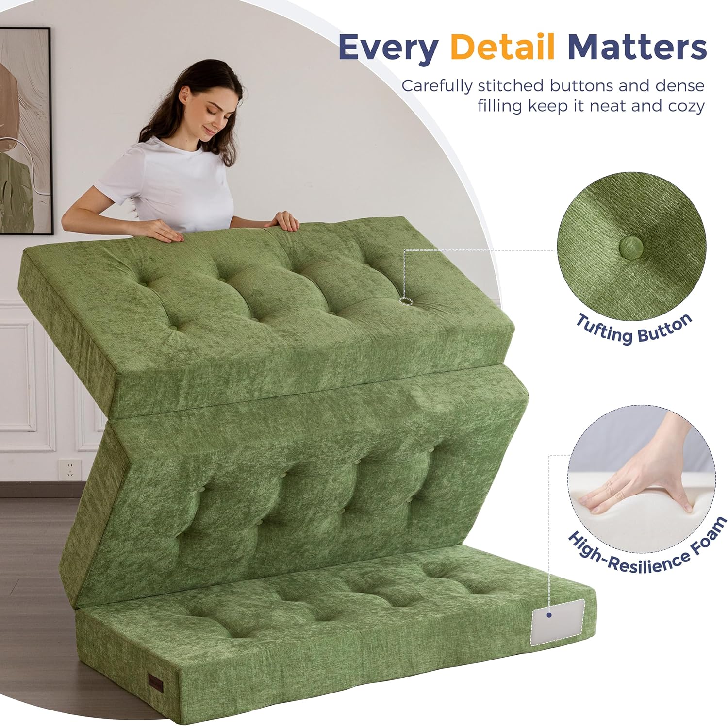 MAXYOYO 6" Folding Sofa Bed for Floor, Tufted Tri-Fold Floor Mattress | Twin Size Portable Sofa Couch Guest Mat with Chenille Fabric for Adults, Foldable Topper for Camping, Green, Twin