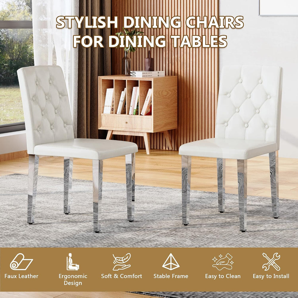 White Dining Chairs Set of 4, Faux Leather, Silver Metal Legs | Button-Tufted...