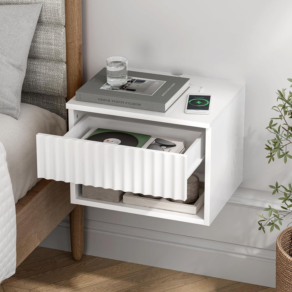 Floating TV Stands Set of 4 with Drawer and Open Shelf, Small Wall Mounted Bedside End Table, Modern Fluted Night Stand for Bedroom, Living Room, White