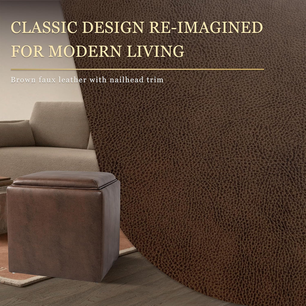 HomePop 17.5" Storage Ottoman with Tray Top - Brown Faux Leather