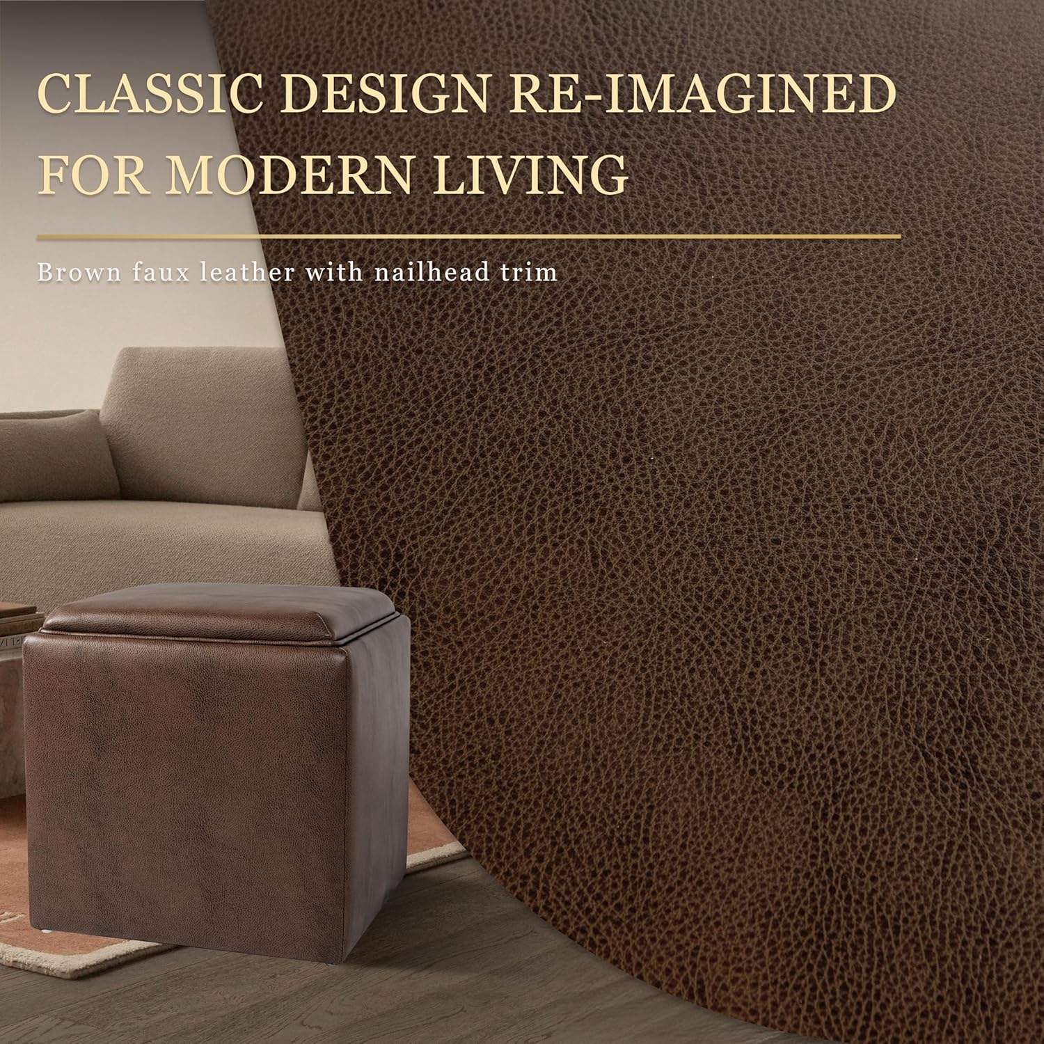 HomePop 17.5" Storage Ottoman with Tray Top - Brown Faux Leather