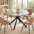 47.2" 5-Piece Round Dining Table Set for 4, Modern Wood Dining Table with 4 Upholstered Chairs, Kitchen & Dining Room Table Set with Metal Base for Apartment, Small Space, Grey Table+4 Brown Chairs