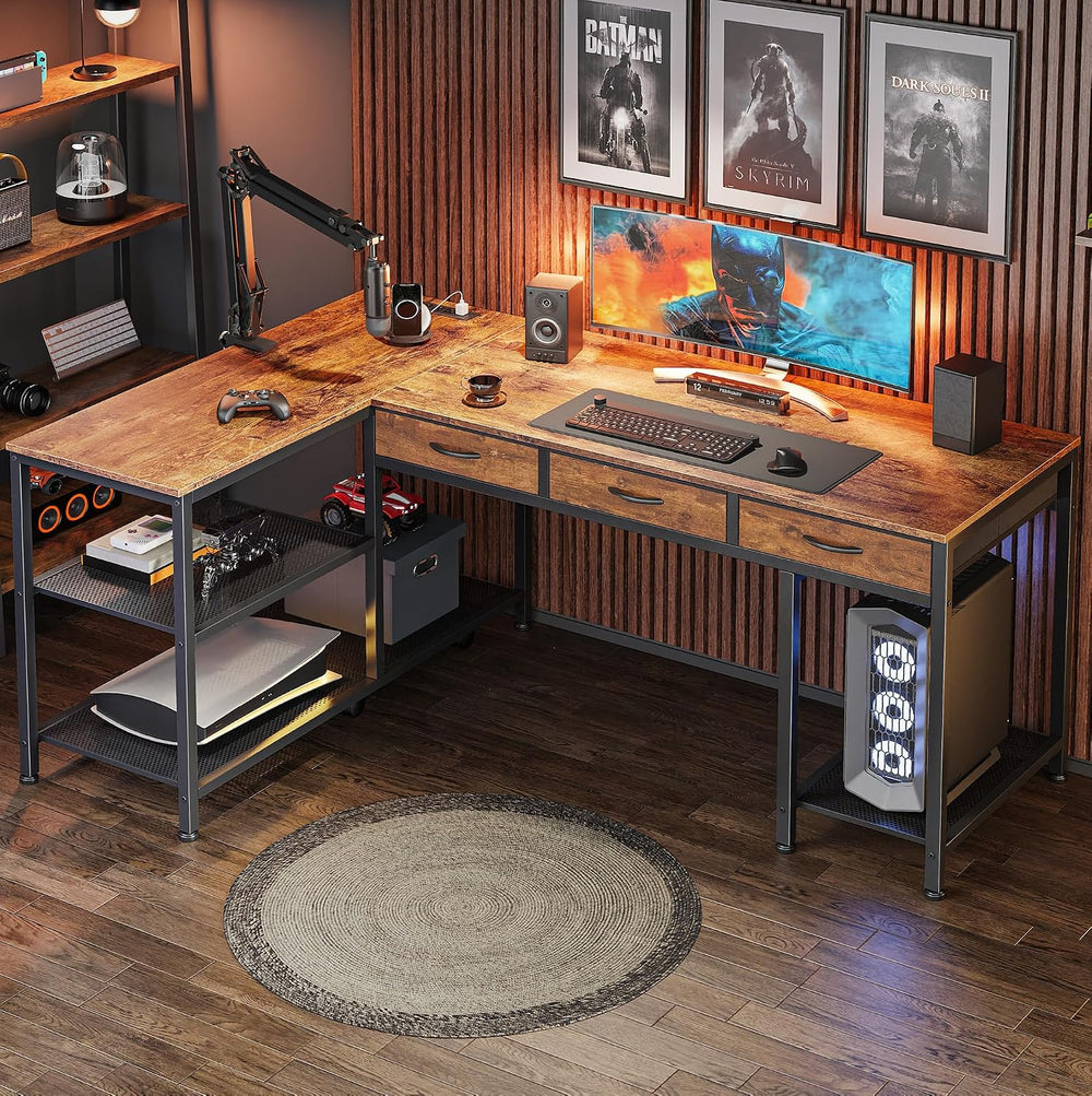 PRAISUN 55 Inch L Shaped Office Desk with Power Outlets and Type-C Port, Larg...