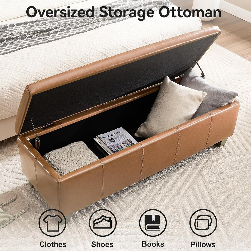 WUTUTUEE 51" Faux Leather Storage Ottoman, Stitch Tufted Rectangle Uphol...