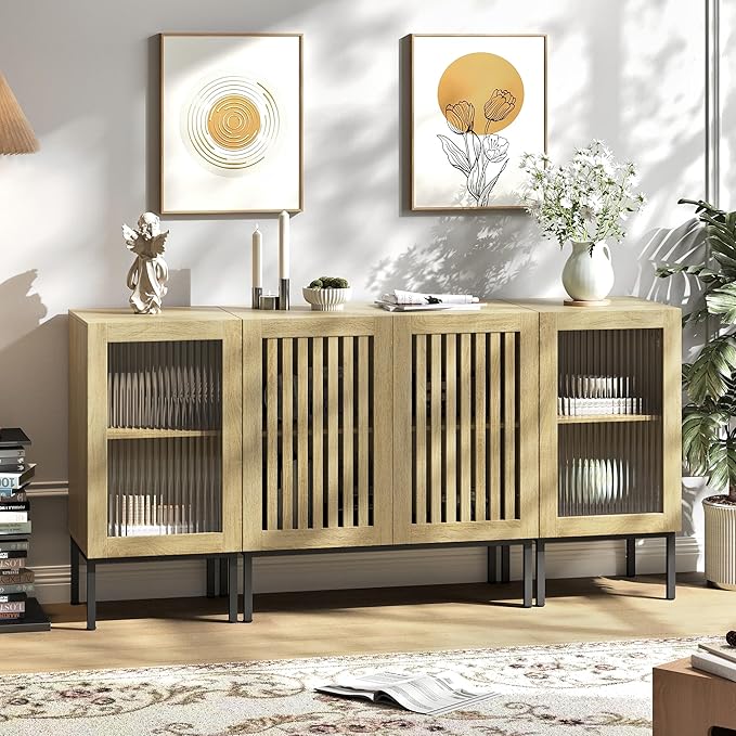 Modern TV Stand for TVs up to 70 Inch, Entertainment Center TV Console with Storage Cabinets and Glass Doors,Media Console for Living Room,Oak