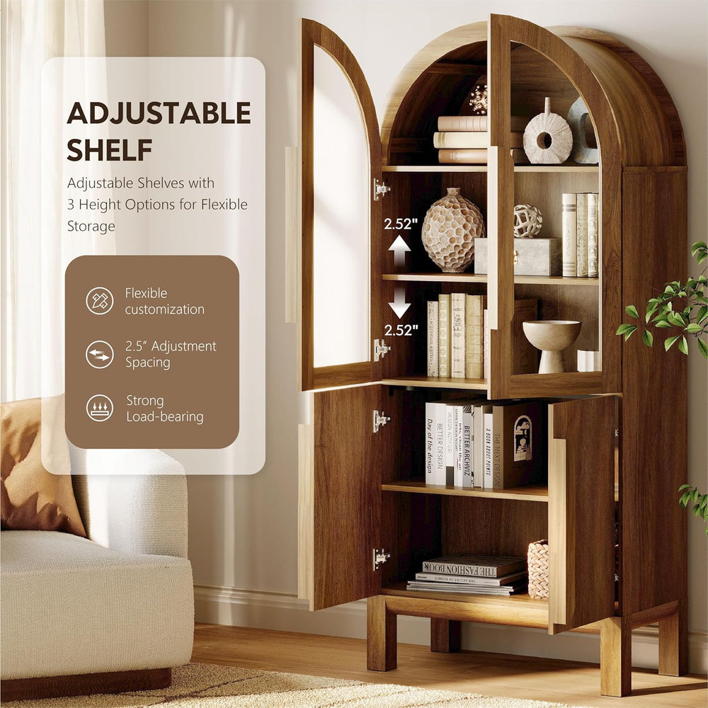WAMPAT 71" Tall Arched Kitchen Pantry Cabinet with Glass Door, Modern Fa...