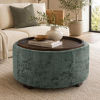 Zihanhome 30" Round Chenille Storage Ottoman Coffee Table with Removable Tray Top, Large Hidden Storage Ottoman, Solid Wood Legs for Living Room, Bedroom, Apartment (Moss Green)