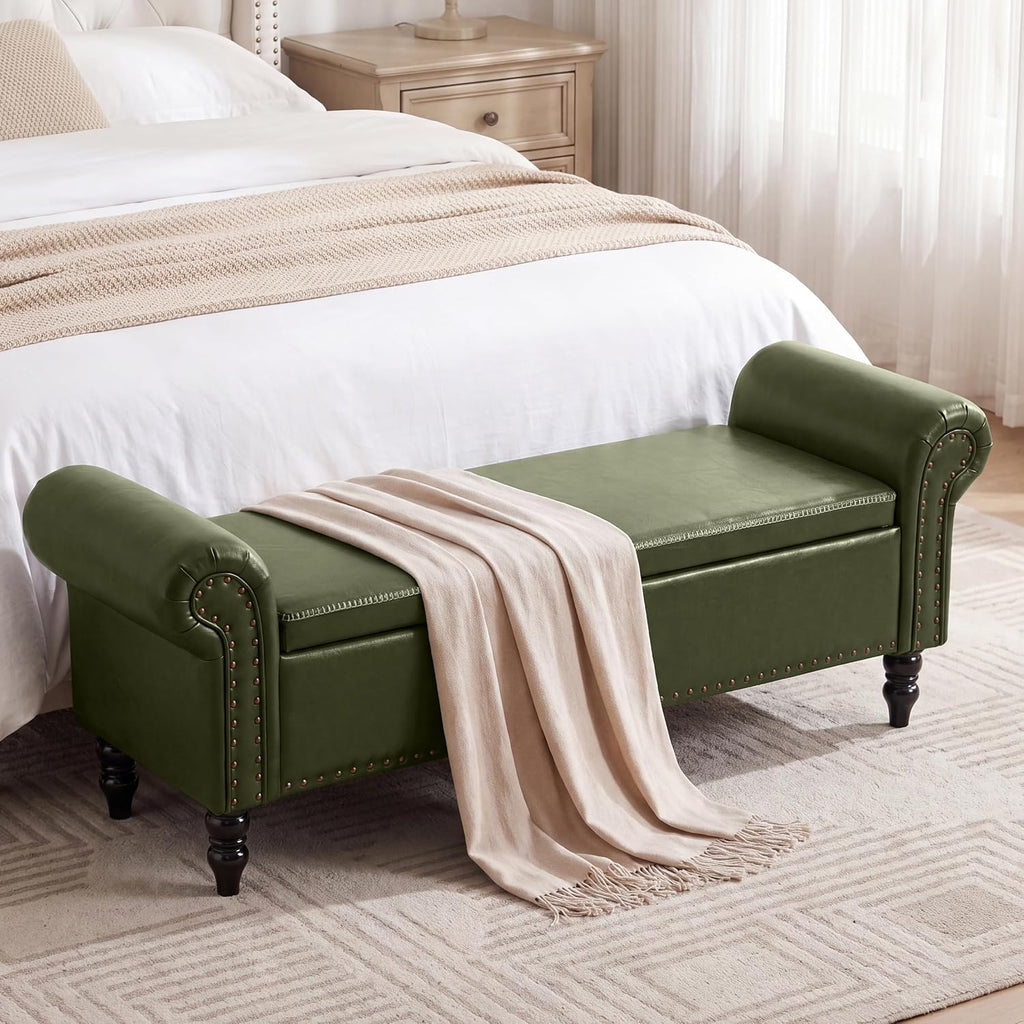 FiveWillowise 64” Storage Benches, End of Bed Bench with Storage,Dark Green | Large Upholstered Storage Ottoman with Tufted, Faux Leather Window Bench with Nailhead Trim for Bedroom, Entryway, Closet