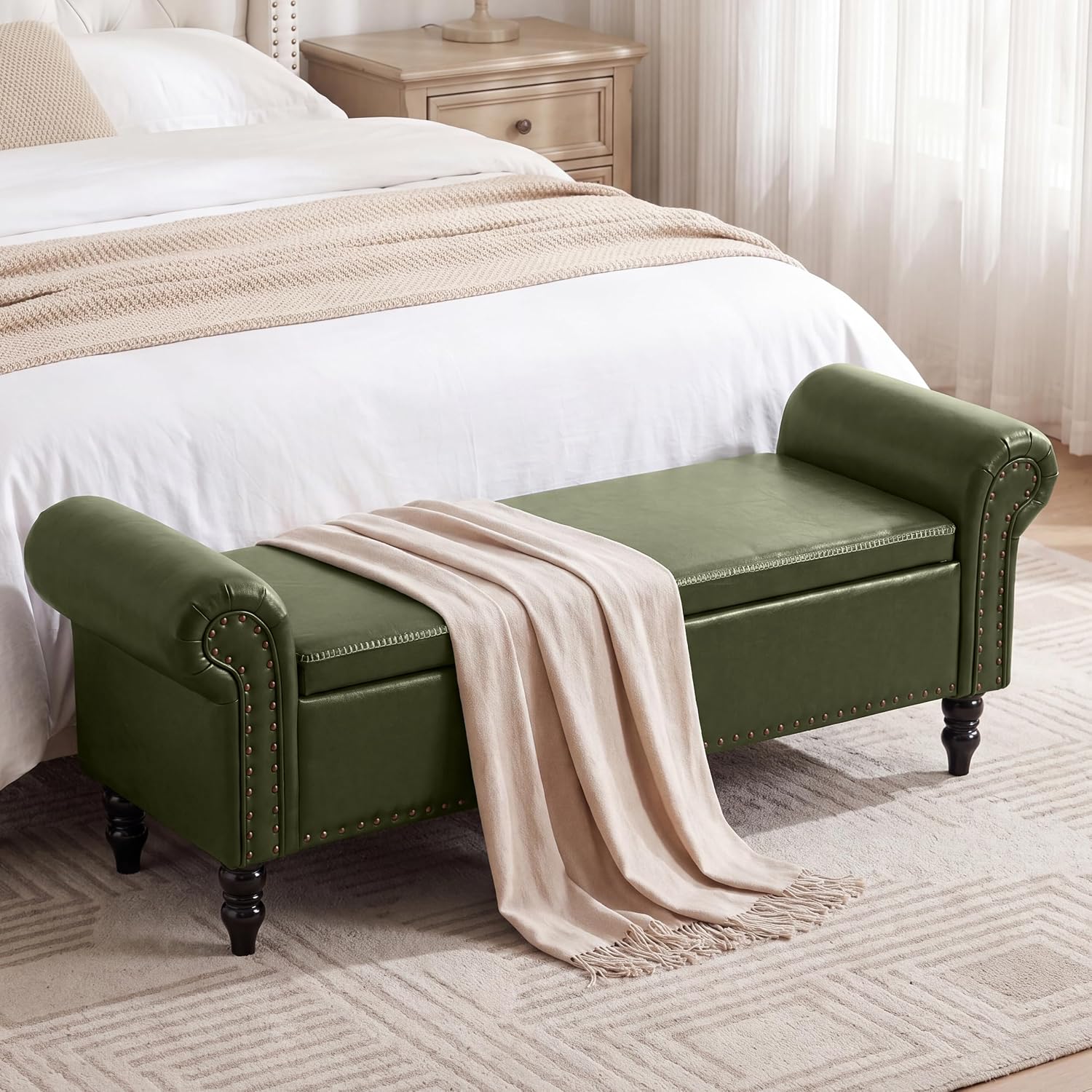 FiveWillowise 64” Storage Benches, End of Bed Bench with Storage,Dark Green | Large Upholstered Storage Ottoman with Tufted, Faux Leather Window Bench with Nailhead Trim for Bedroom, Entryway, Closet