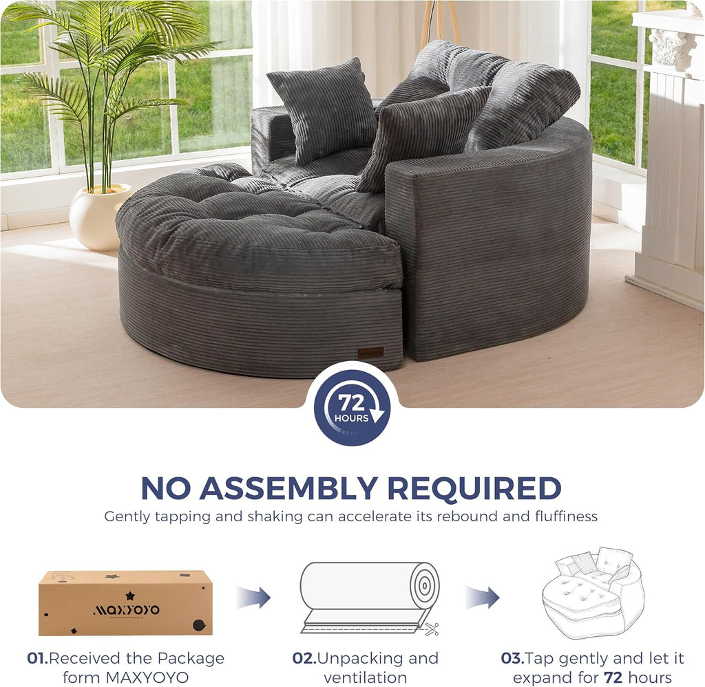 MAXYOYO Oversized Round Chaise Lounge Sofa, Upholstered Lounge Chair with 3 Pillows, Boneless Sofa Couch with Ottoman, Deep Seat Chair for Living Room, Bedroom, No Assembly, Dark Grey