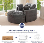 MAXYOYO Oversized Round Chaise Lounge Sofa, Upholstered Lounge Chair with 3 Pillows, Boneless Sofa Couch with Ottoman, Deep Seat Chair for Living Room, Bedroom, No Assembly, Dark Grey