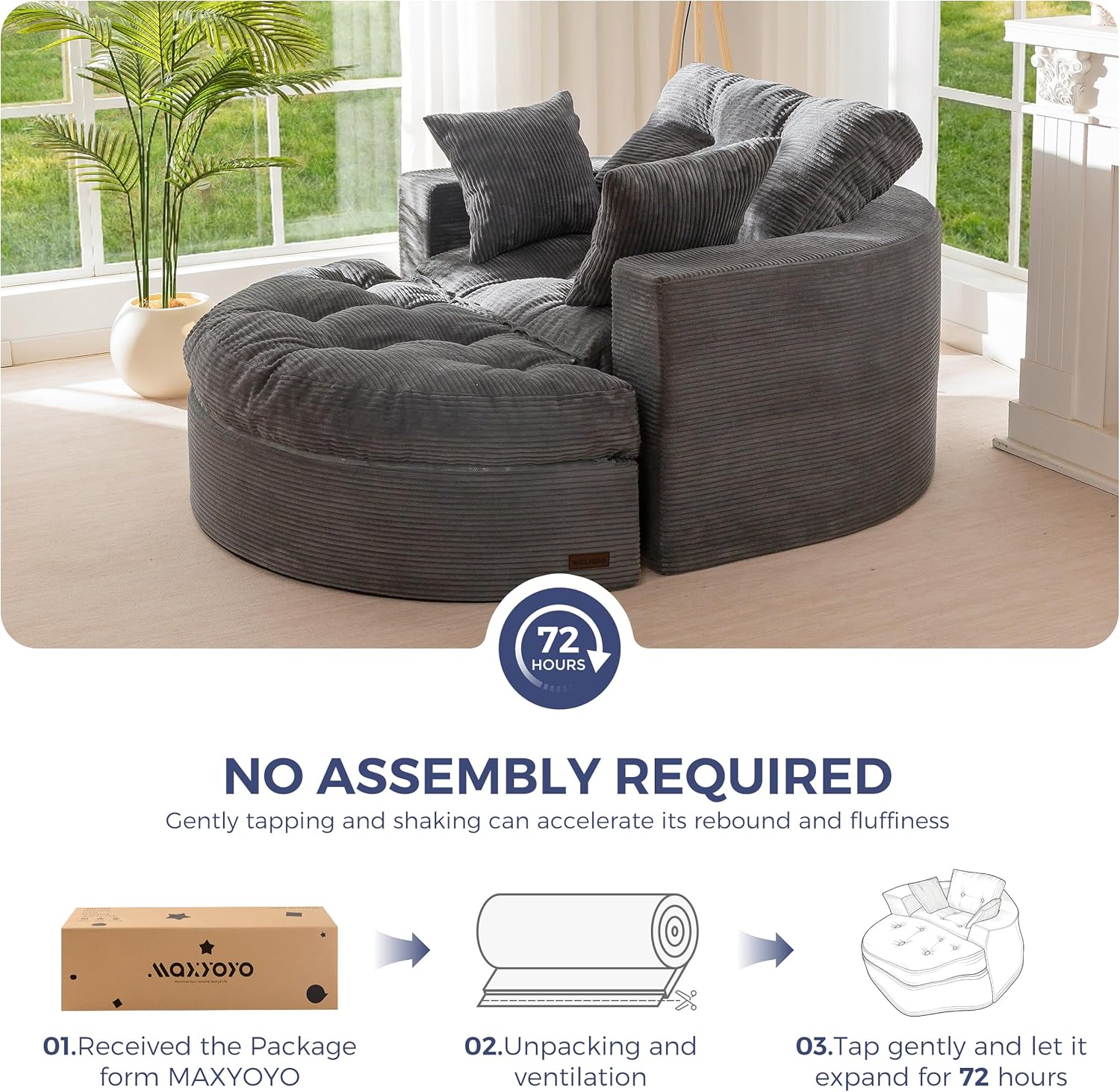 MAXYOYO Oversized Round Chaise Lounge Sofa, Upholstered Lounge Chair with 3 Pillows, Boneless Sofa Couch with Ottoman, Deep Seat Chair for Living Room, Bedroom, No Assembly, Dark Grey