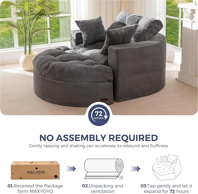 MAXYOYO Modular Sectional Chaise Lounge Sofa, Round Upholstered Lounge Chair with Ottoman, Comfy Couch with Layered Cushion, Tufted Sleeper Chair for Living Room, No Assembly, Dark Grey