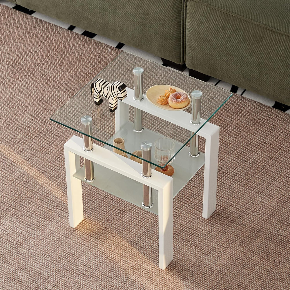 2pcs Modern Glass End Table - Two Tiered Clear Nightstand, Square Tempered Gl...