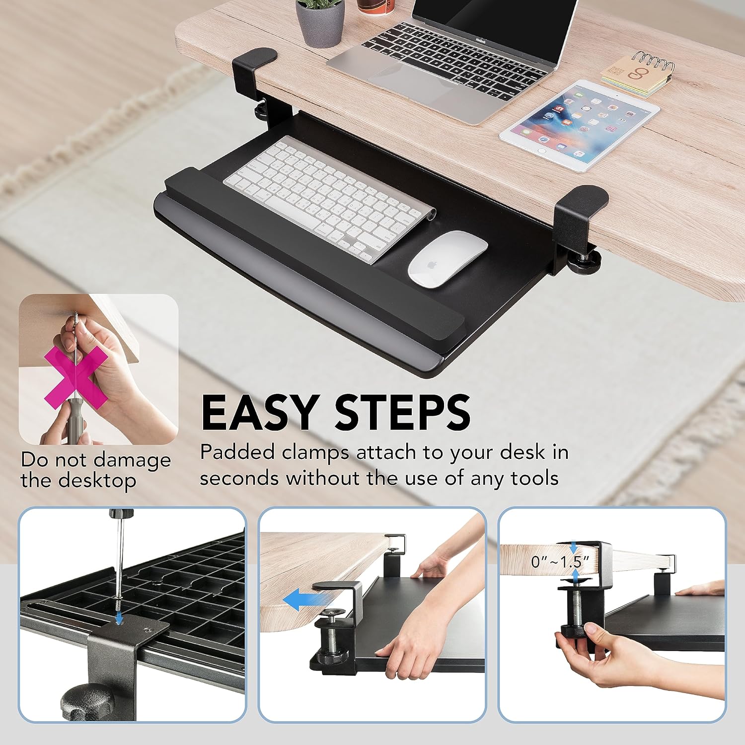 EHO Clamp-On Retractable Adjustable Keyboard Tray, Under Desk Ergonomic Keyboard Tray - Easy Tool-Free Install - Small with Wrist Rest 20" (24.8" Including Clamps) x 11.5" for Enhanced Typing Comfort