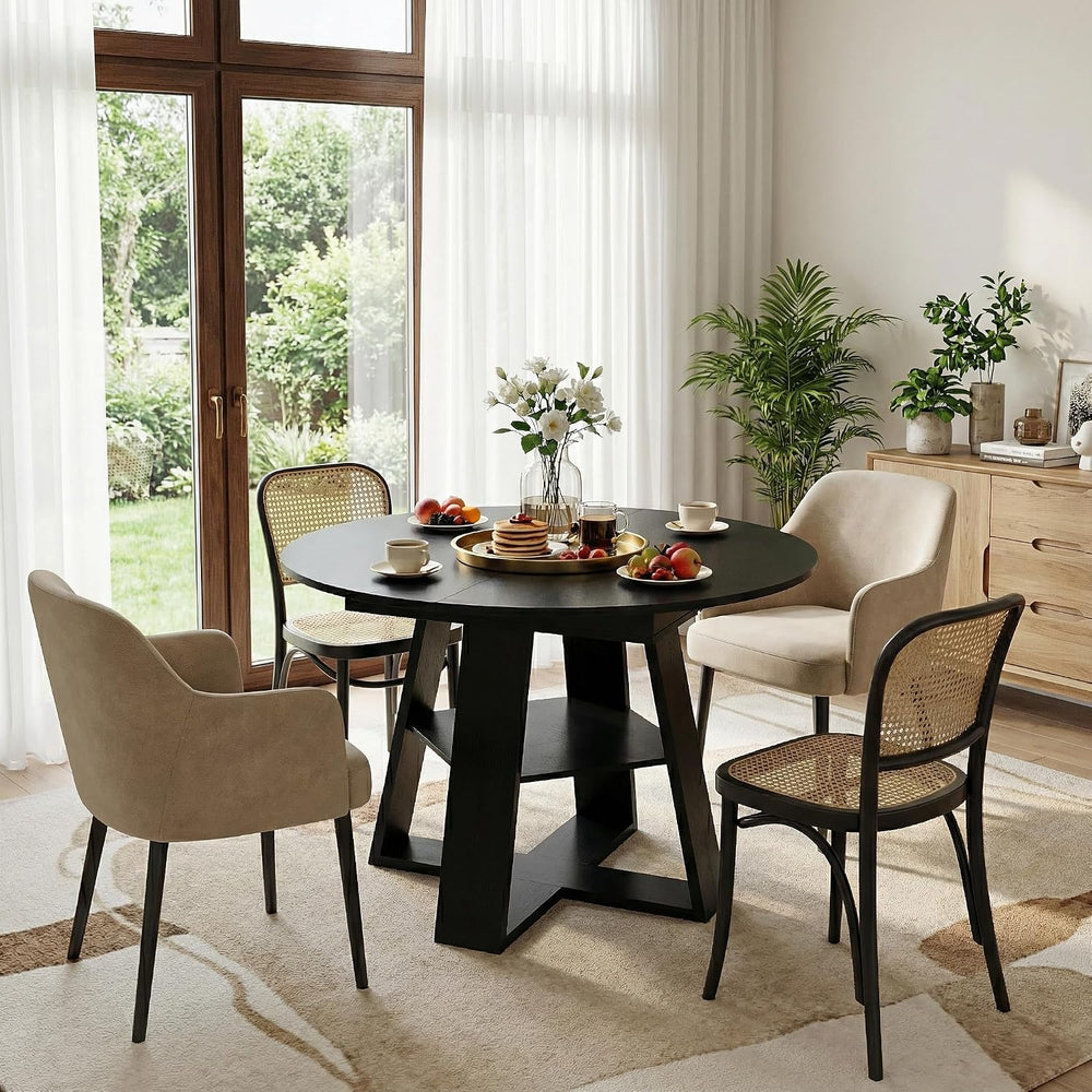 43.3"-59" Round Extendable Dining Table for 4-6 Modern Black Wood K...