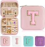 Parima Travel Essentials for Women Jewelry Box, Travel Accessories for Teen Girls Trendy Stuff | Necklace Organizer Earrings Organizer Ring Organizer - Letter T, Pink