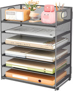 Subekyu 6 Tier Paper Organizer for Desk with Handle, Metal Mesh Desk Office File Folder Paper Letter Tray Accessories Organizer Sorter for Home, School, Office Desktop Document Organization - Gray