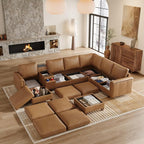 SITJOY 132" Faux Leather Modular Sectional Sofa with Storage, Mid Century Modern Sectional Couches for Living Room, 8 Seat V Shaped Couch with Ottoman and Console Table, Hidden Cupholders, Brown