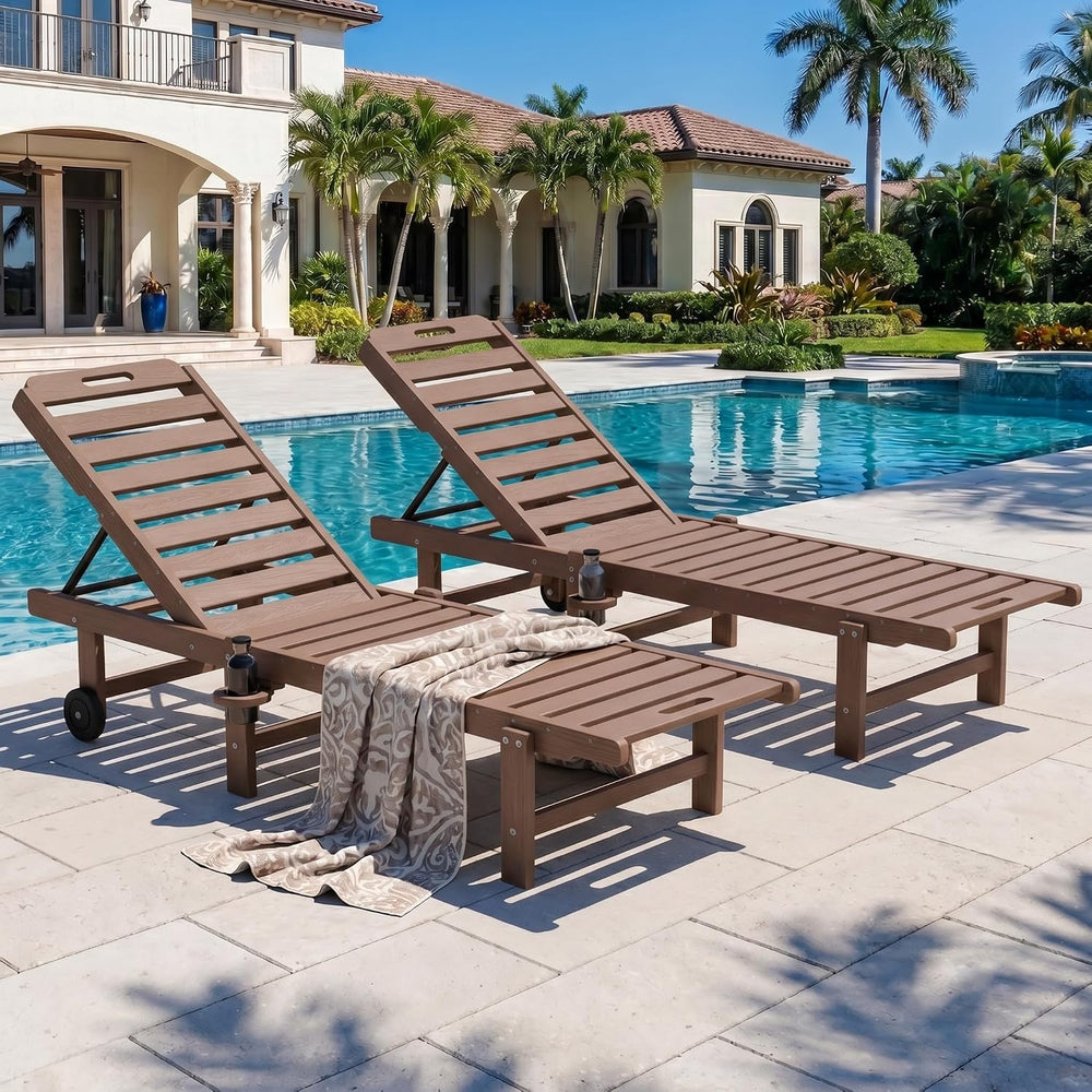 SERWALL HDPE Outdoor Chaise Lounge Set of 2 with Cup Holder & Wheels, Brown