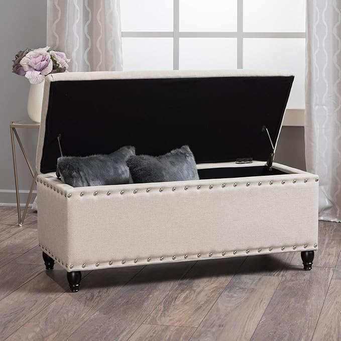 Storage Ottoman Bench,End of Bed Stool w/Safety Hinge & Nailhead Accents,Bedroom Upholstered Footrest,for Entryway,Living Room, Bed Room, Wheat,42inch