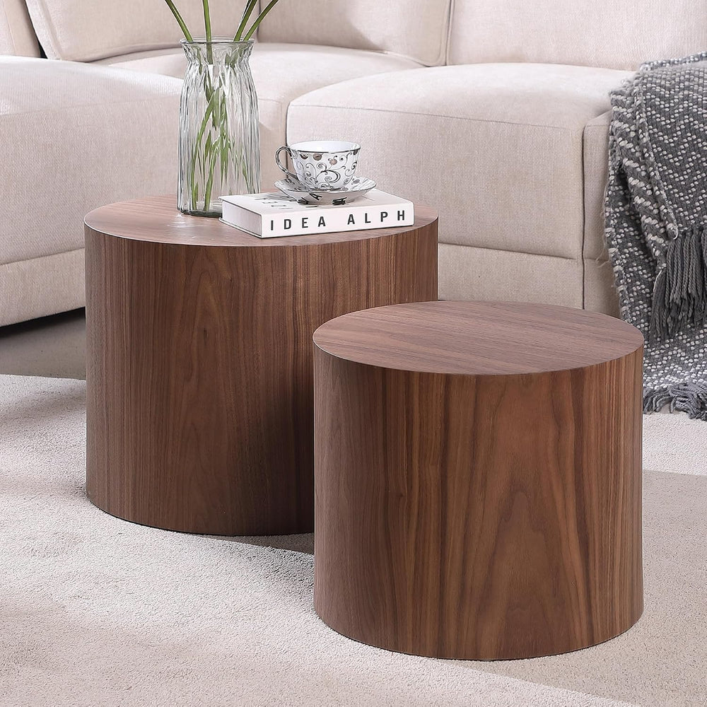 Small Coffee Table Nesting End Table Set of 2, Round Coffee Table Wood Side T...