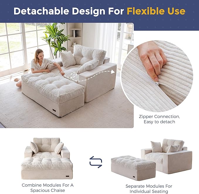 MAXYOYO Modular Sectional Chaise Lounge Sofa, Upholstered Lounge Chair with Ottoman, Comfy Couch with Layered Cushion, Tufted Upholstered Sleeper Chair for Living Room, No Assembly, Beige