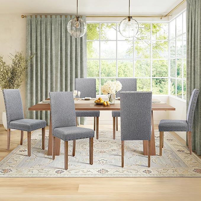 Upholstered Dining Chair Modern Stylish Parsons Kitchen Diner High Back with Bronze Nailhead Trim & Wood Legs, Set of 2, Grey