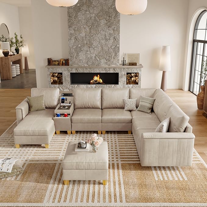 SITJOY 132" Faux Leather Modular Sectional Sofa with Storage, Mid Century Modern Sectional Couches for Living Room, 8 Seat V Shaped Couch with Ottoman and Console Table, Hidden Cupholders, Greige