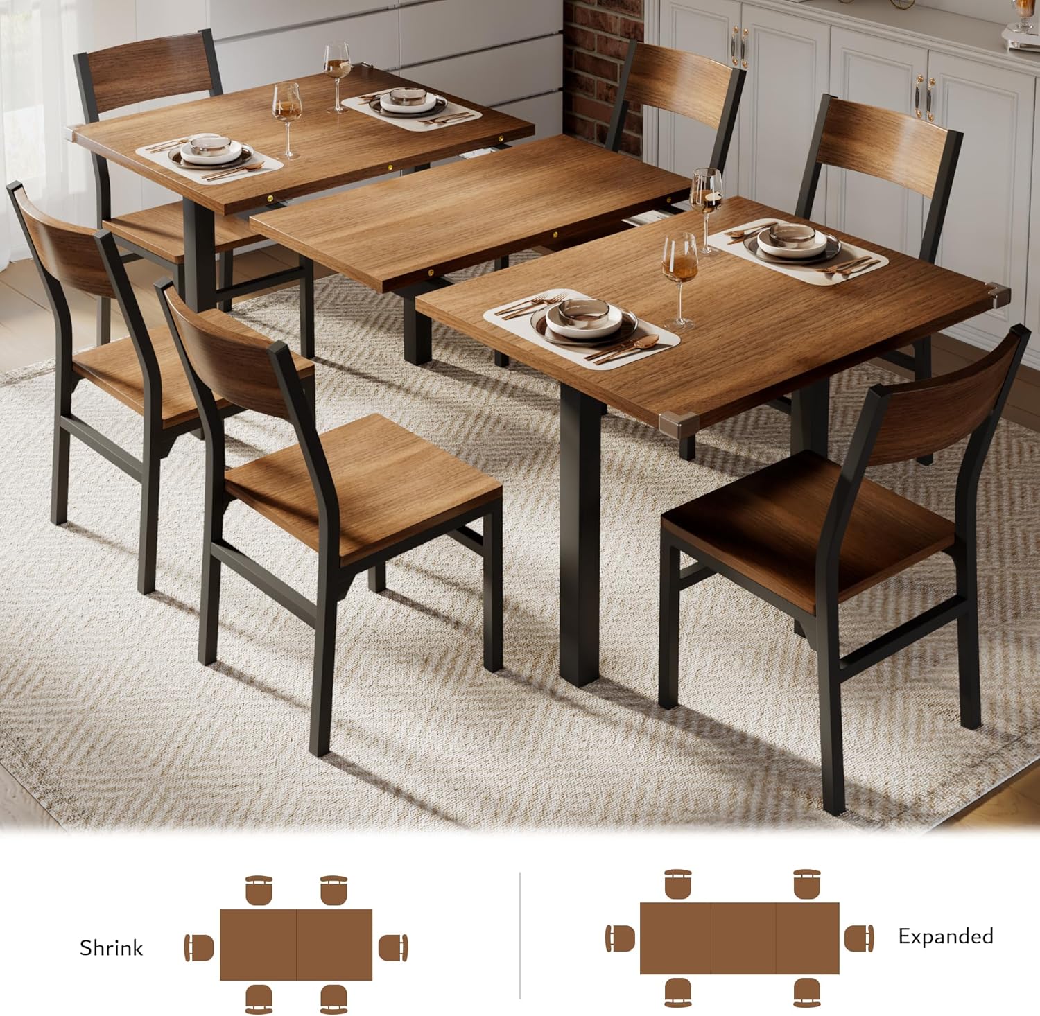 iPormis 7-Piece Dining Table Set with 6 Chairs, 63" Extendable Kitchen Table & Chairs Set for 4-6, Dining RoomTable with Solid Metal Frame & MDF Board, Perfect for Small Space, Easy Assembly, Walnut