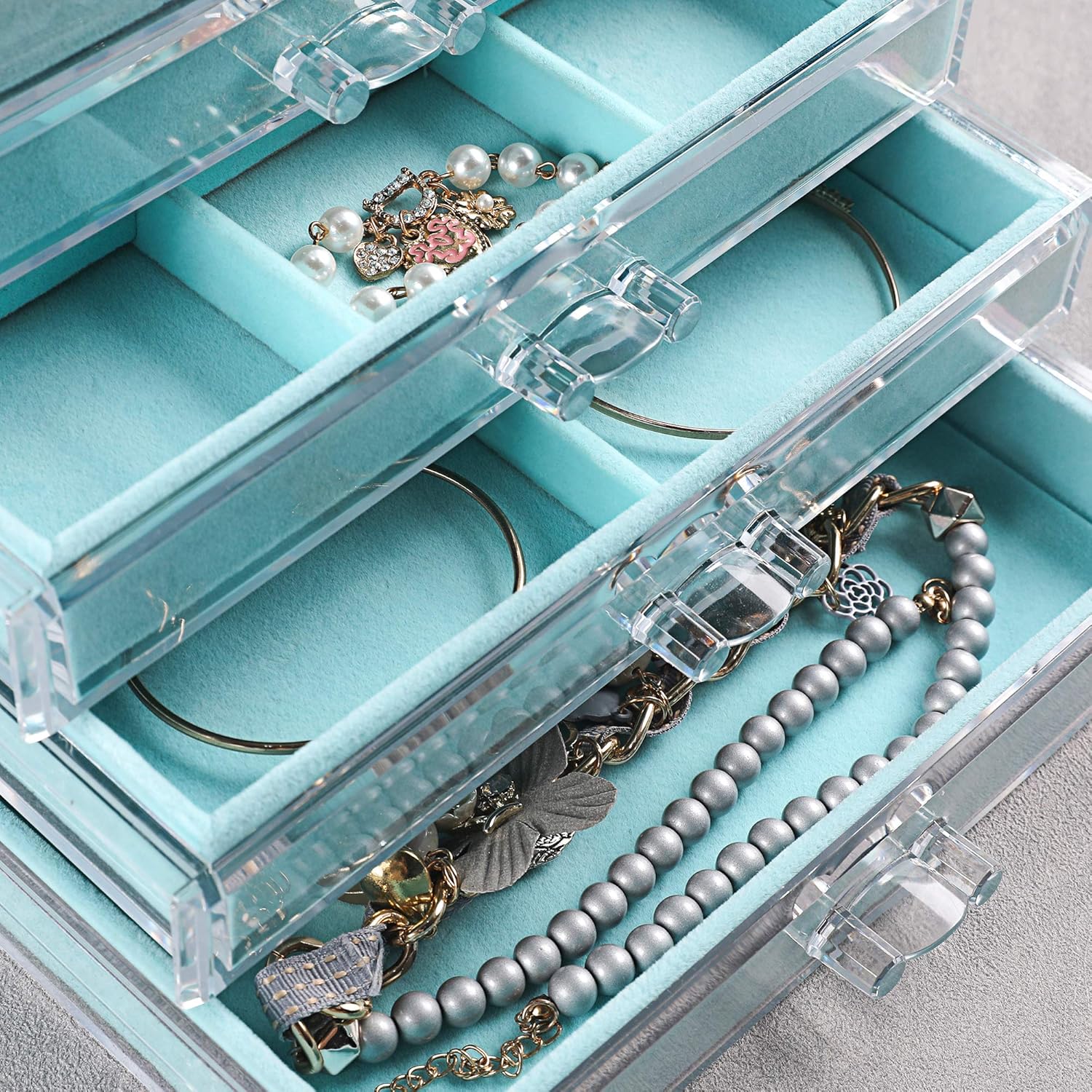 Frebeauty Extra Large Acrylic Jewelry Box for Women 5 Layers Clear Jewelry Organizer Velvet Earring Box with 5 Drawers Rings Display Case Necklaces Holder Tray for Women Girls (Turquoise)