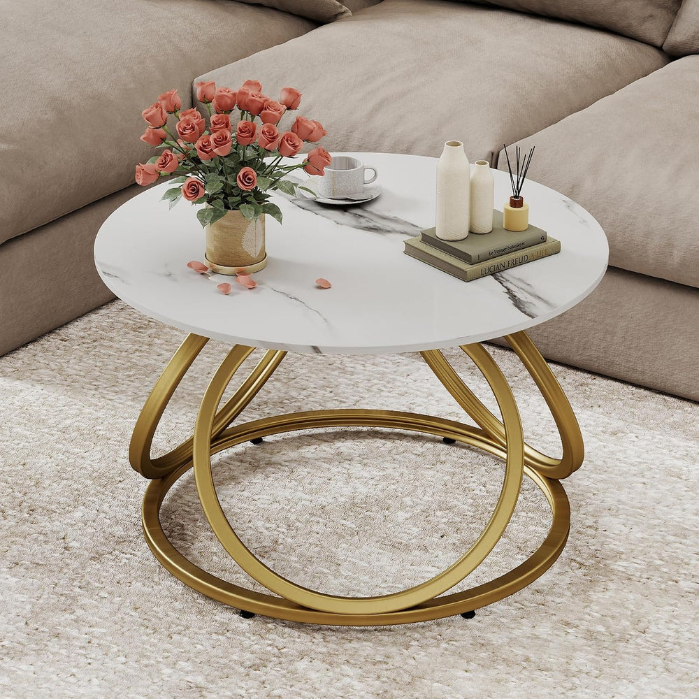 O&K FURNITURE Gold Round Coffee Table, Faux Marble Top with Veins, Modern...