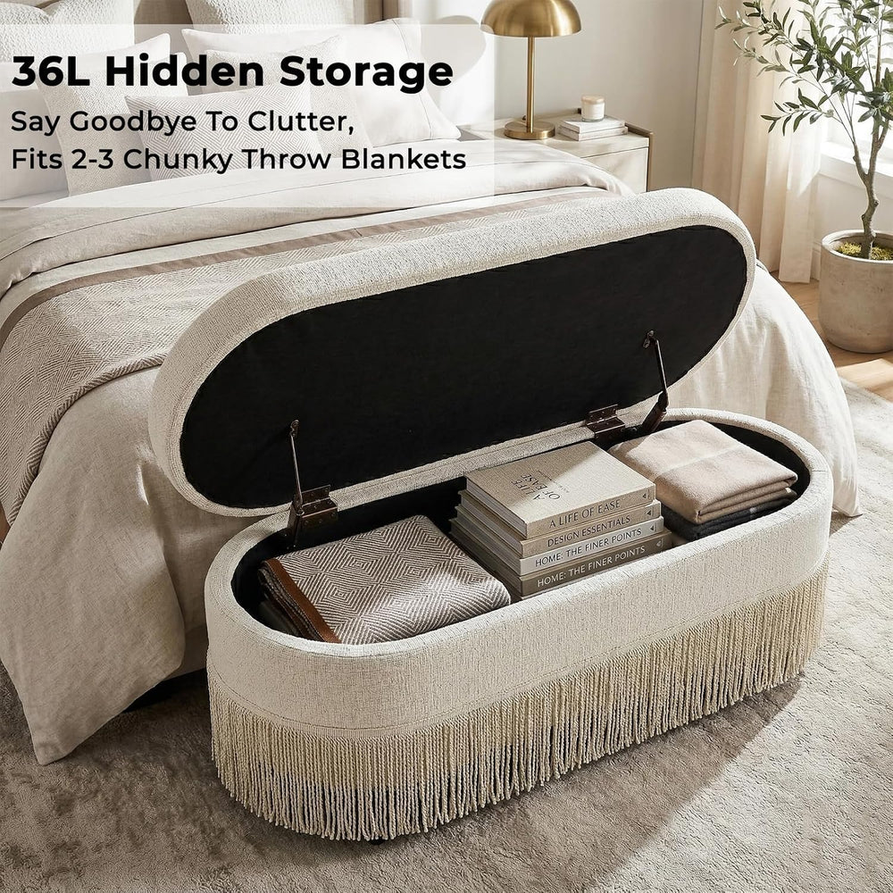 39.4“ Boho Storage Ottoman Bench with Tassels,Upholstered End of Bed Bench | ...