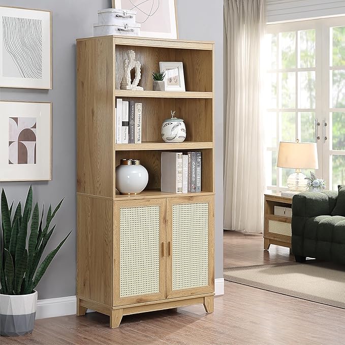 Manhattan Comfort Sheridan Modern Cane Bookcase with Adjustable Open Shelves,...
