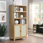 Manhattan Comfort Sheridan Modern Cane Bookcase with Adjustable Open Shelves, Soft Close Doors, and Concealed Compartments, Versatile 3 Tier Bookshelf Storage for Home and Office, Set of 2, Nature