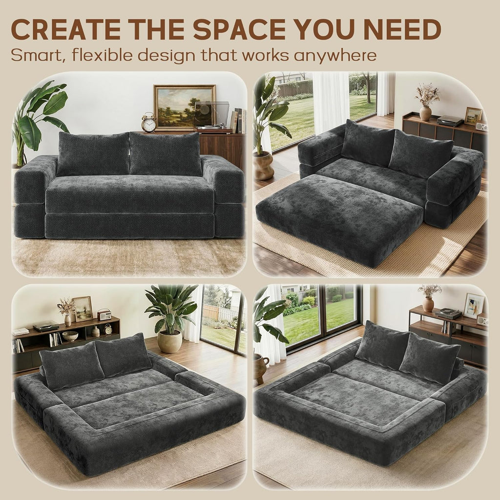 75'' convertible Sofa Couch Bed Queen, Foldable Boneless Couch Sleeper Sofa | 4-in-1 Pull Out Futon Mattress Floor Couch with Large Pillow , No Assembly for Living Room/Bedroom, Chenille, Dark Gray