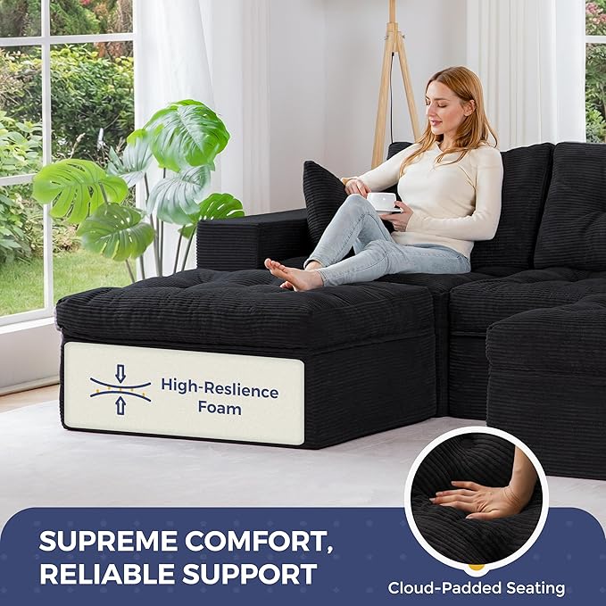 MAXYOYO 104" U Shaped Modular Sectional Sofa with 2 Ottomans, Cloud Boneless Couch with Layered Cushion, Flexible Module Combination Sofa for Living Room, No Assembly Required, Black