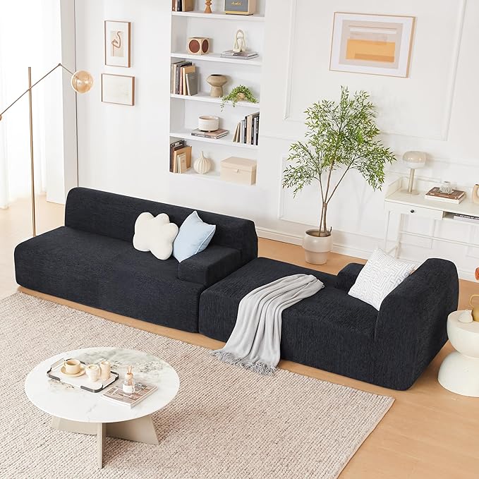 107" Modular Sectional Cloud Couch, Boneless couches Sponge sectionals for Living Room, High Density Sponges Sofa, Modular L-Shape with Chaise, Black