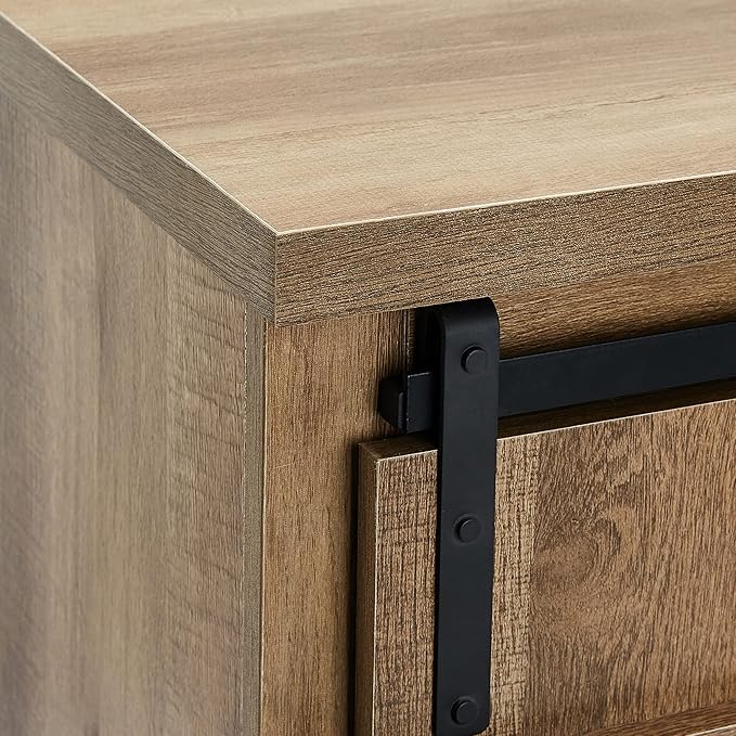 ROCKPOINT Sliding End Table with Slide Barn Door,Storage Sofa Table,Dark Oak